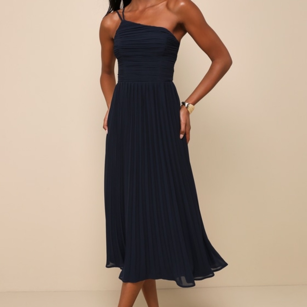 Lulus Wondrous Muse Navy Blue Pleated One-shoulder Midi Dress - Size XL